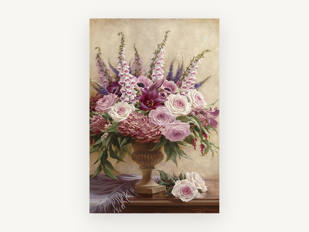 Foxglove and Rose Urn, floral canvas wall art print, front view
