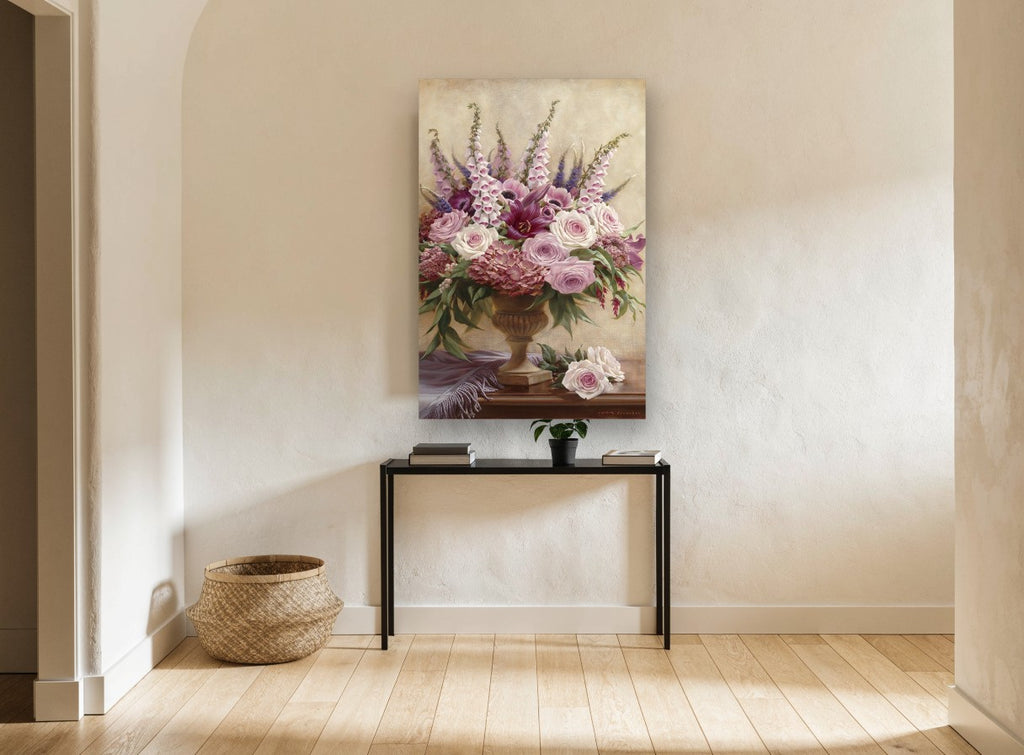 Foxglove and Rose Urn floral canvas print on the wall of a hallway