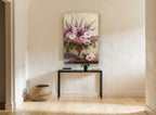 Foxglove and Rose Urn floral canvas print on the wall of a hallway