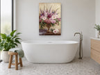 Foxglove and Rose Urn floral canvas print on the wall of a bathroom