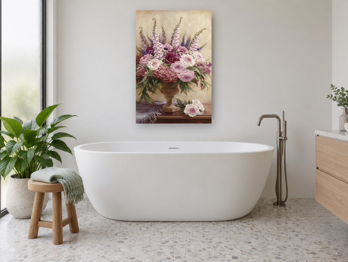 Foxglove and Rose Urn floral canvas print on the wall of a bathroom