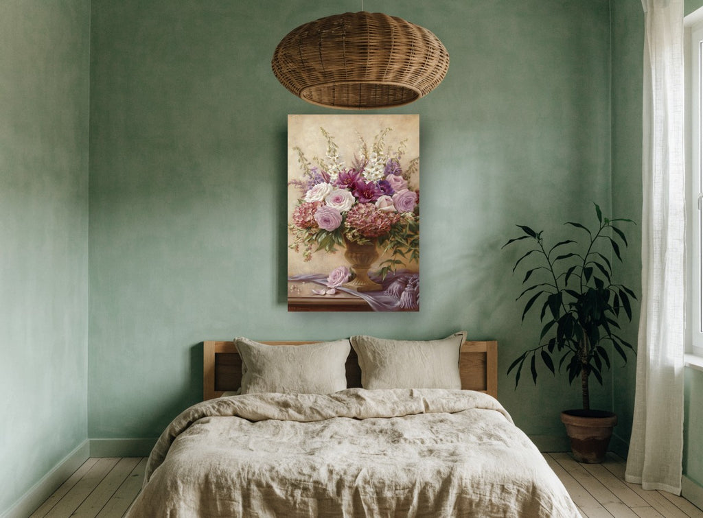 Lilac Rose Urn Bouquet floral canvas print on the wall of a bedroom