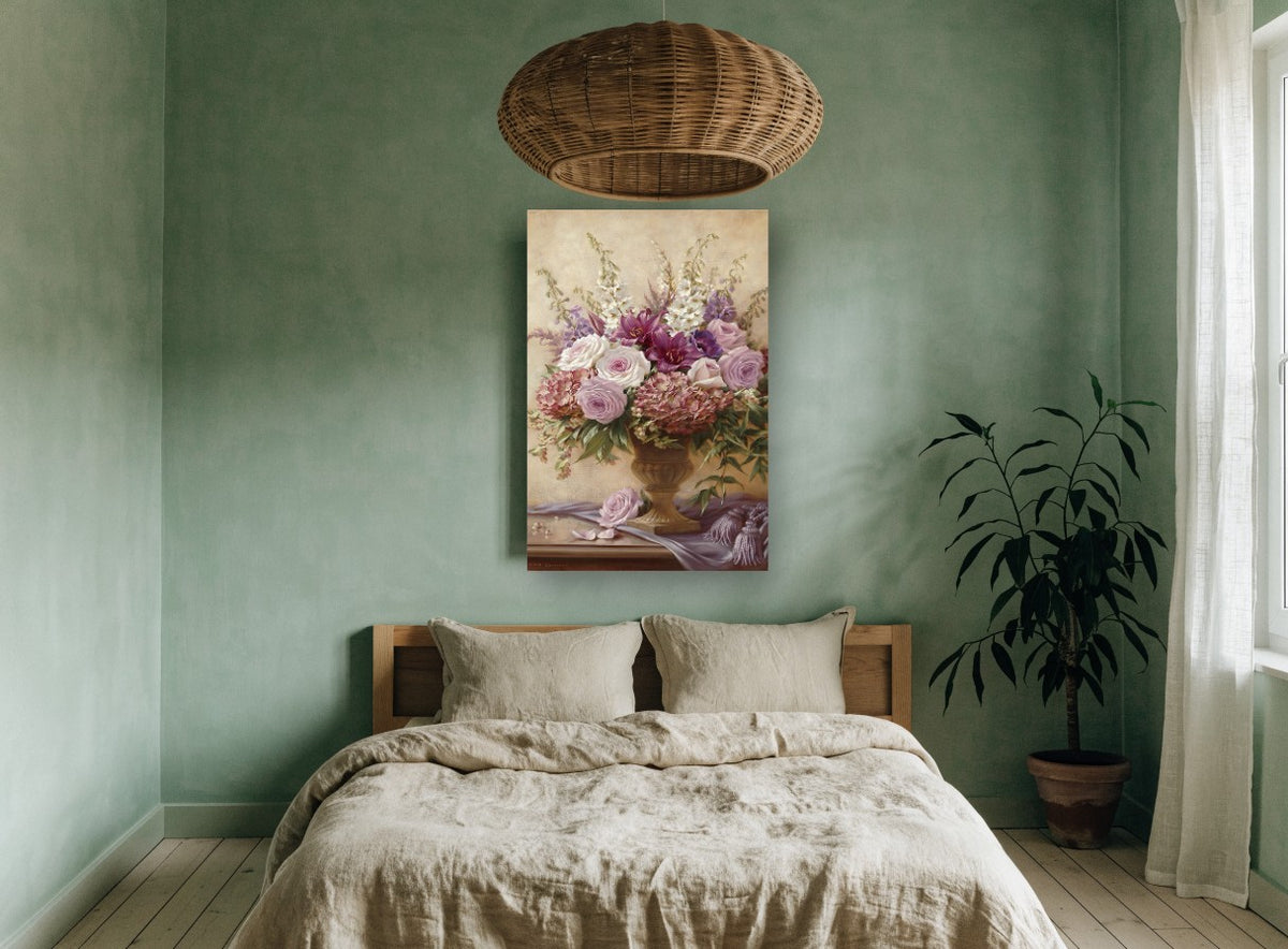 Lilac Rose Urn Bouquet floral canvas print on the wall of a bedroom