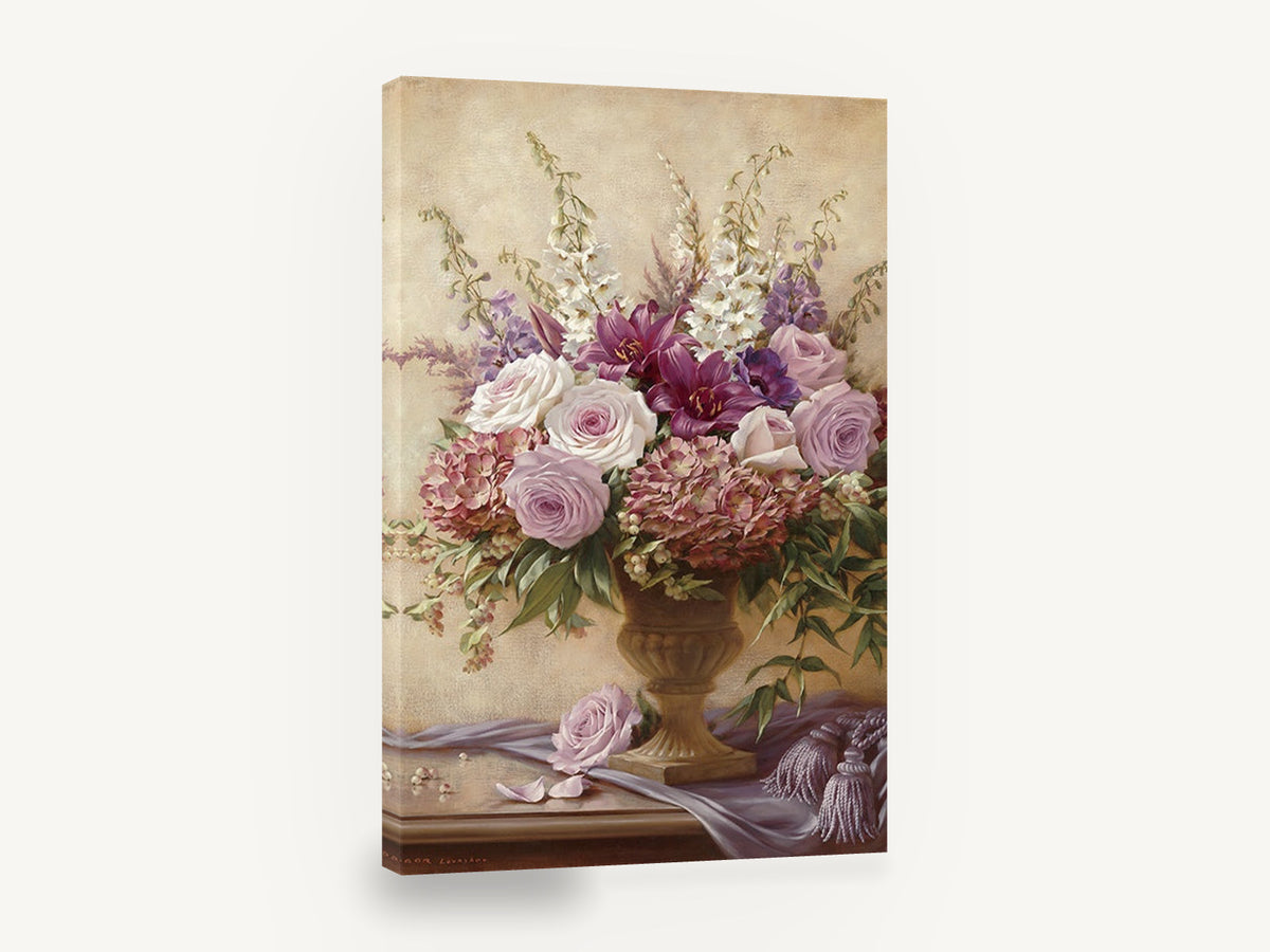 Lilac Rose Urn Bouquet, pink rose lily urn bouquet still life, floral canvas wall art print ready to hang