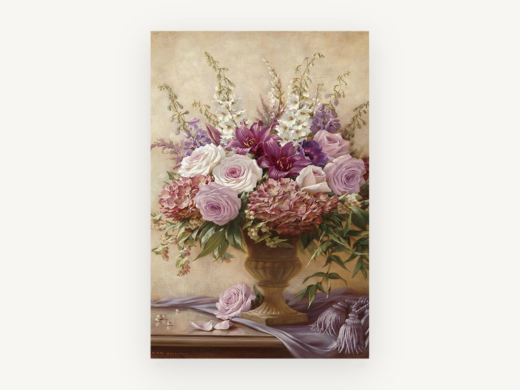 Lilac Rose Urn Bouquet, floral canvas wall art print, front view