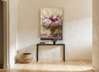 Lilac Rose Urn Bouquet floral canvas print on the wall of a hallway