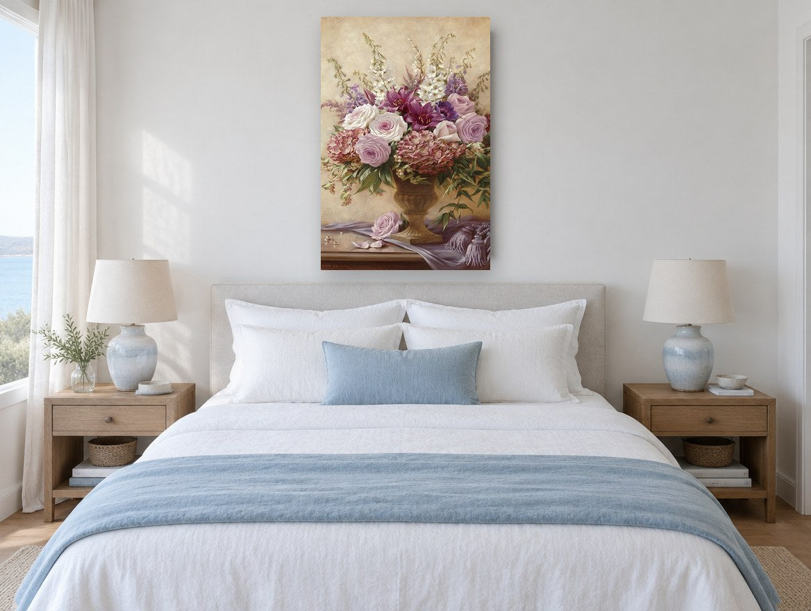 Lilac Rose Urn Bouquet floral canvas print on the wall of a coastal bedroom