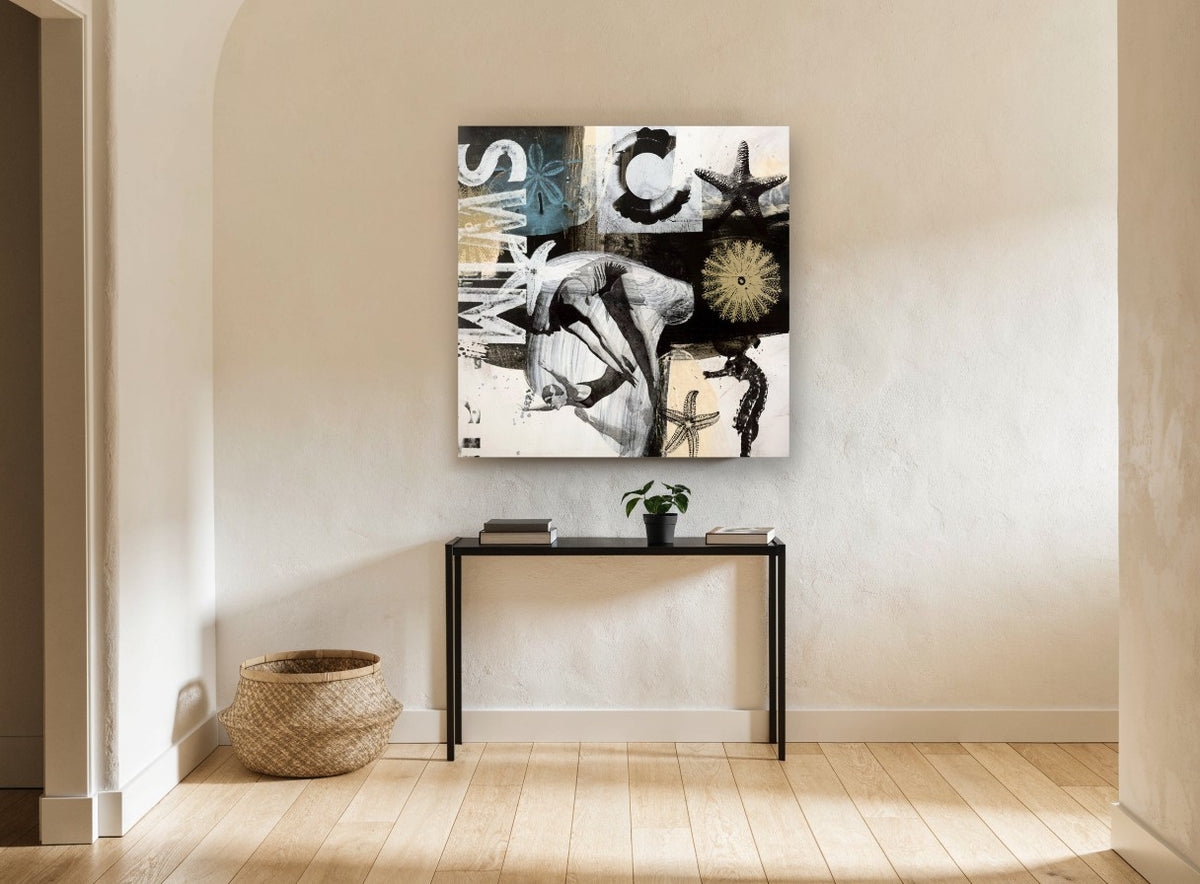 Diver Among Sea Stars vintage canvas print on the wall of a hallway