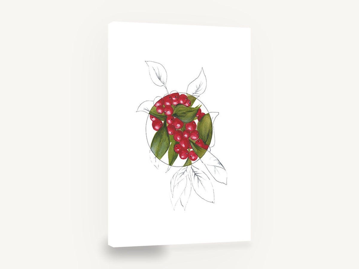 Berries in the Circle, red berries botanical illustration watercolour, floral canvas wall art print ready to hang