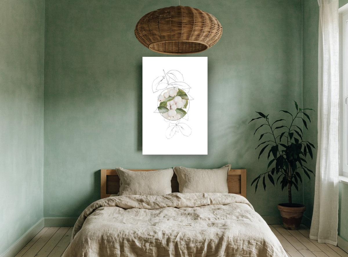 Snowberry Circle Study floral canvas print on the wall of a bedroom