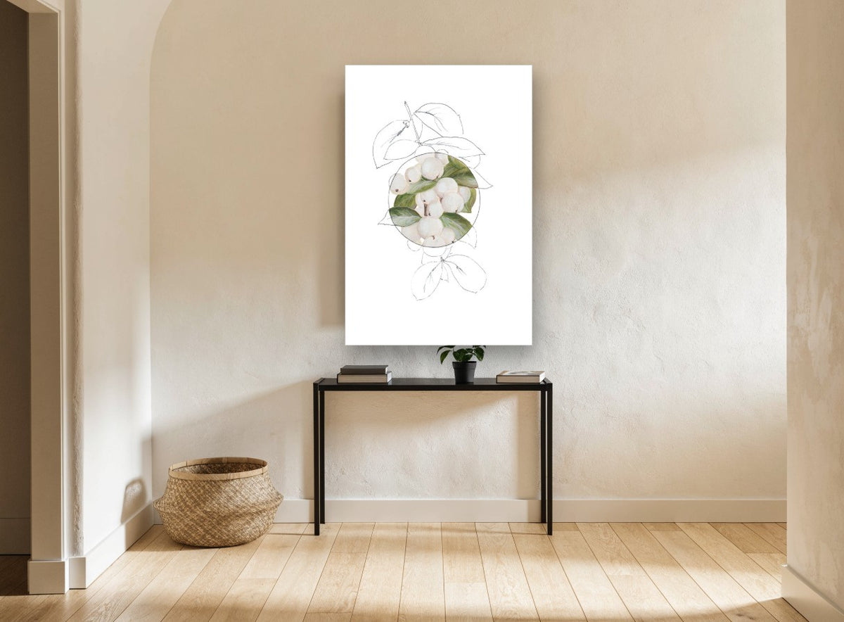 Snowberry Circle Study floral canvas print on the wall of a hallway