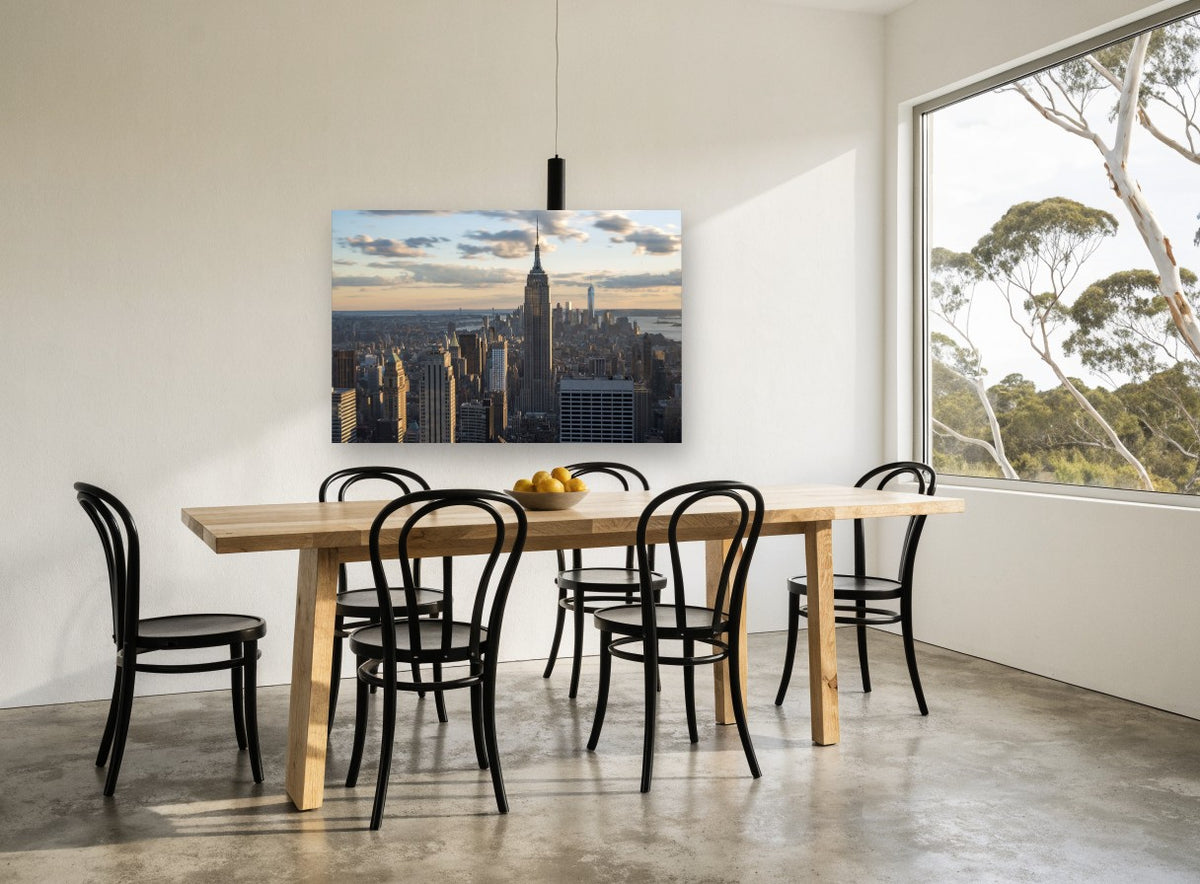 Empire State Golden Hour city canvas print on the wall of a dining room
