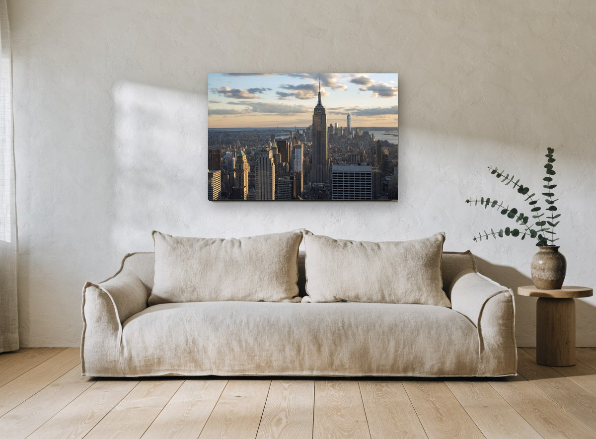 Empire State Golden Hour city canvas print on the wall of a living room