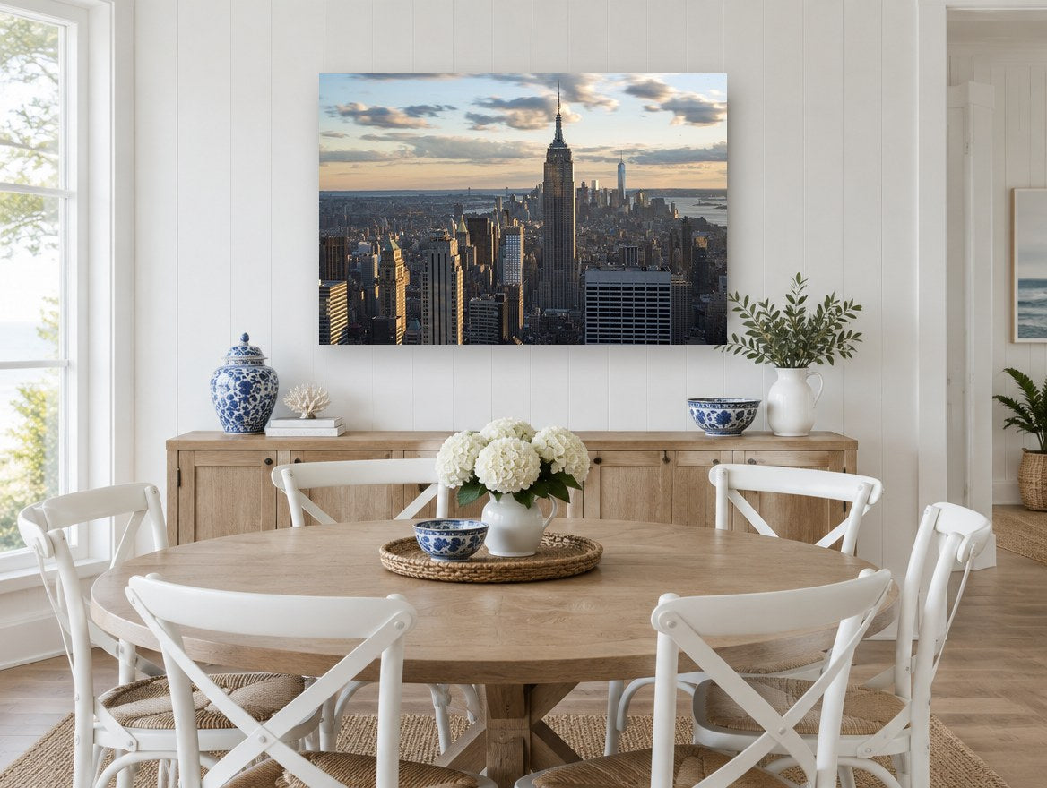 Empire State Golden Hour city canvas print on the wall of a Hamptons dining room
