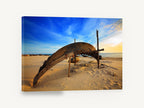 Upturned Boat Sunset Sands, upturned wooden boat beach photograph, coastal canvas wall art print ready to hang