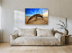 Upturned Boat Sunset Sands coastal canvas print on the wall of a living room