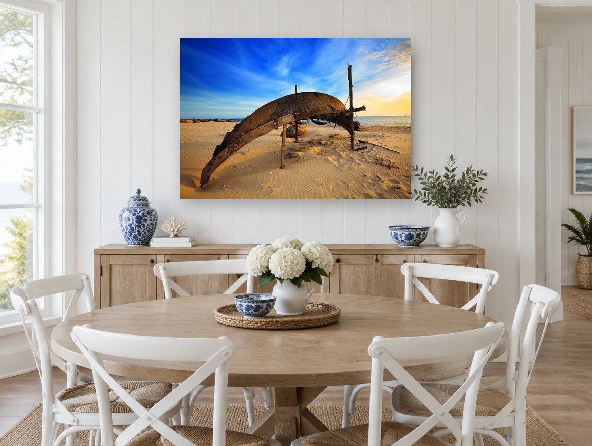 Upturned Boat Sunset Sands coastal canvas print on the wall of a Hamptons dining room