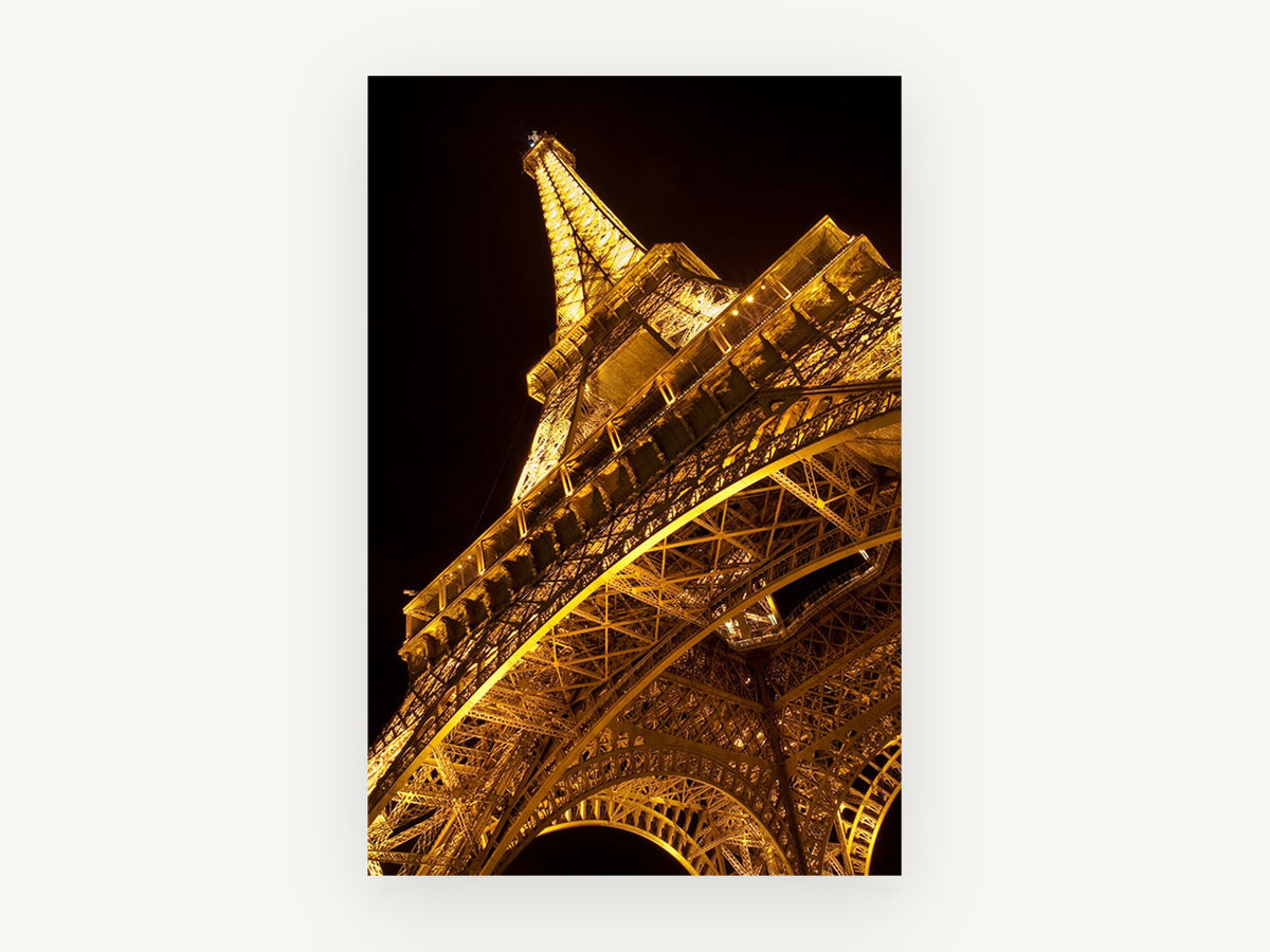 Golden Tower Ascent, eiffel tower at night photograph, city canvas wall art print, front view
