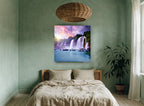 Violet Sky Cascades landscape canvas print on the wall of a bedroom