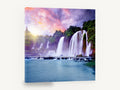 Violet Sky Cascades, sunset waterfall over turquoise pool, landscape canvas wall art print ready to hang