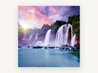 Violet Sky Cascades, sunset waterfall over turquoise pool, landscape canvas wall art print, front view