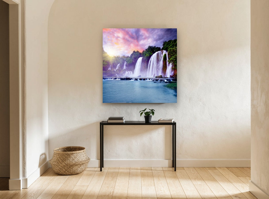 Violet Sky Cascades landscape canvas print on the wall of a hallway