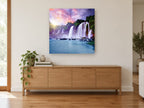 Violet Sky Cascades landscape canvas print on the wall of a living room above a sideboard