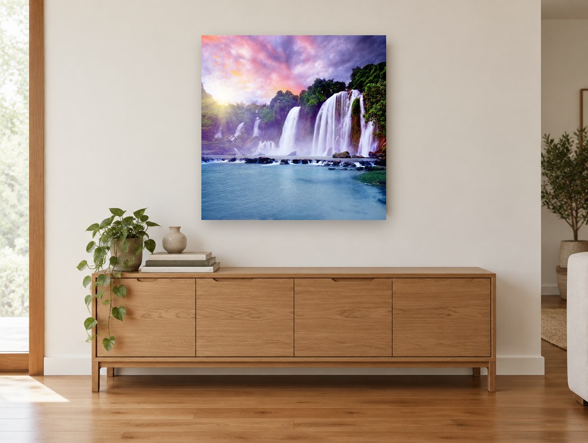 Violet Sky Cascades landscape canvas print on the wall of a living room above a sideboard