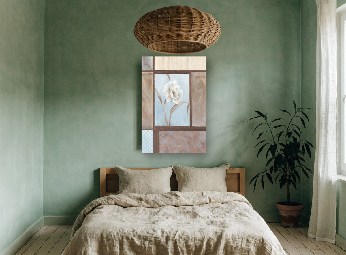 White Bloom in Blue Panel floral canvas print on the wall of a bedroom