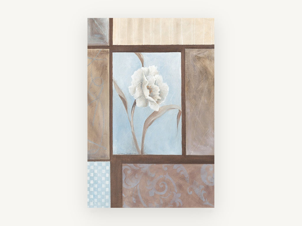 White Bloom in Blue Panel, floral canvas wall art print, front view