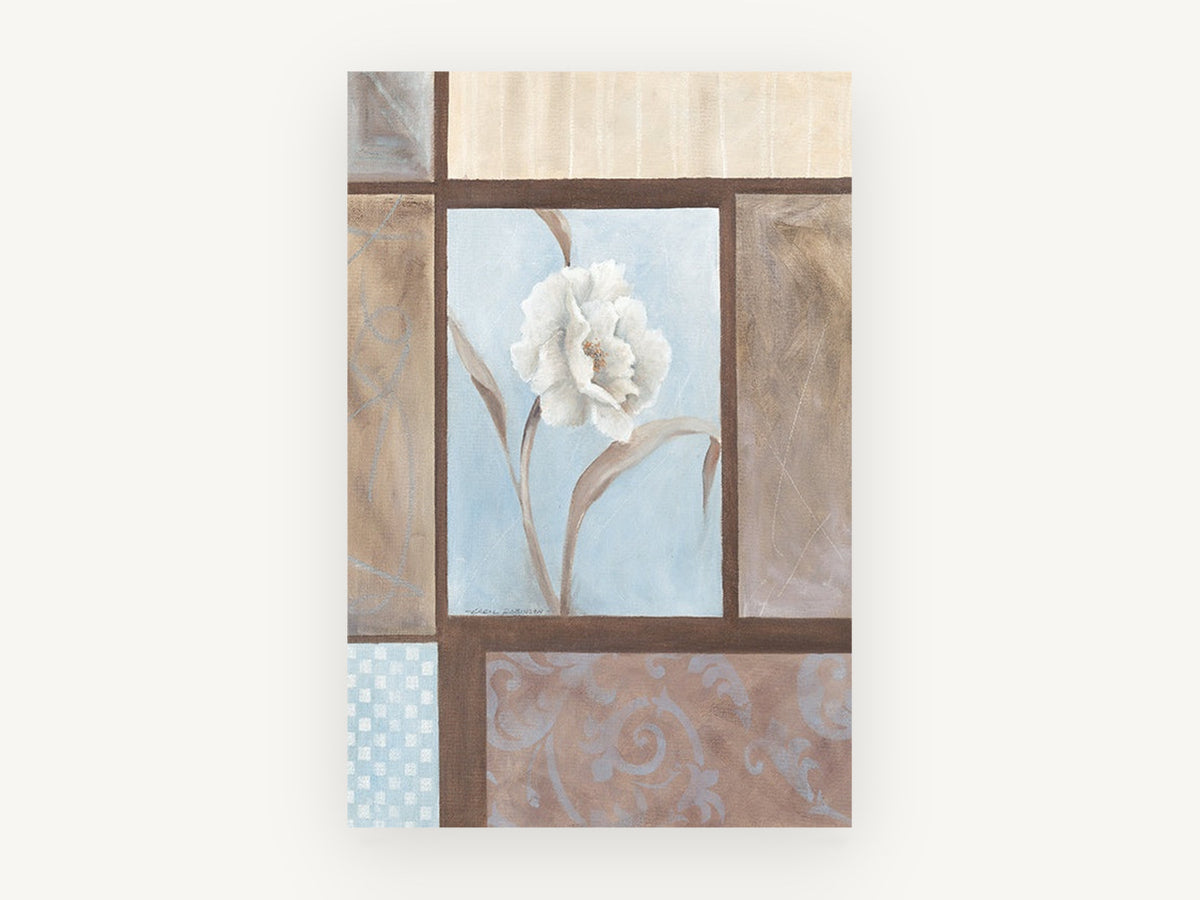 White Bloom in Blue Panel, floral canvas wall art print, front view