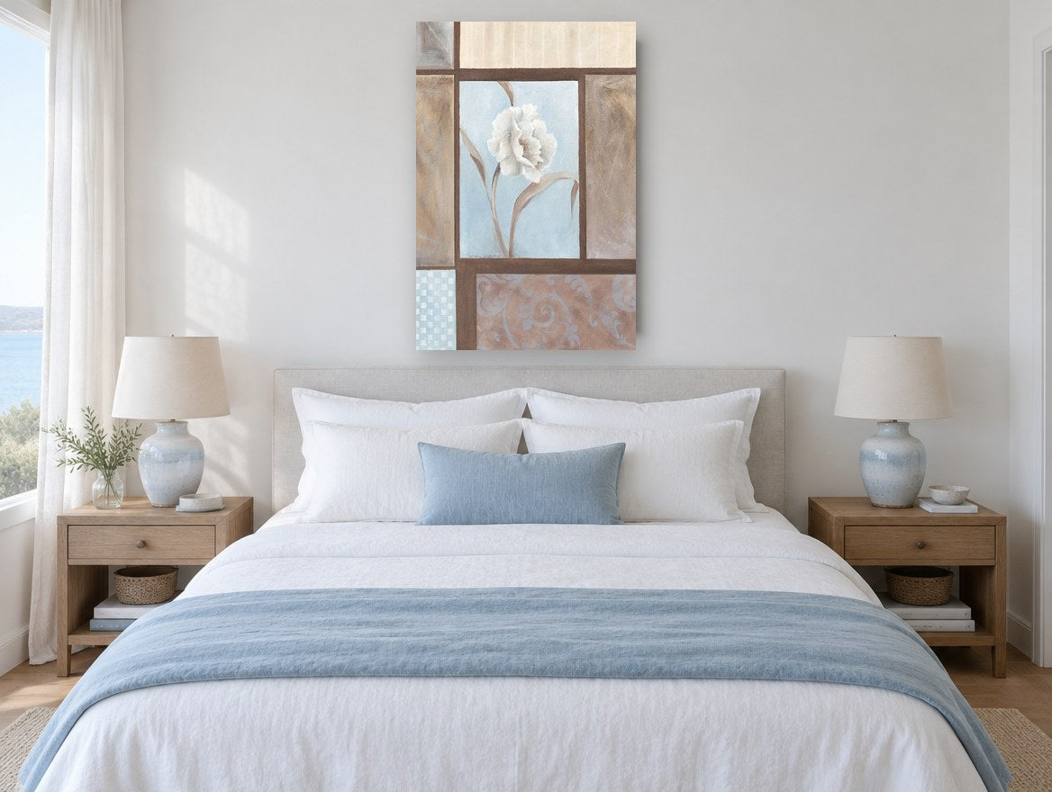 White Bloom in Blue Panel floral canvas print on the wall of a coastal bedroom