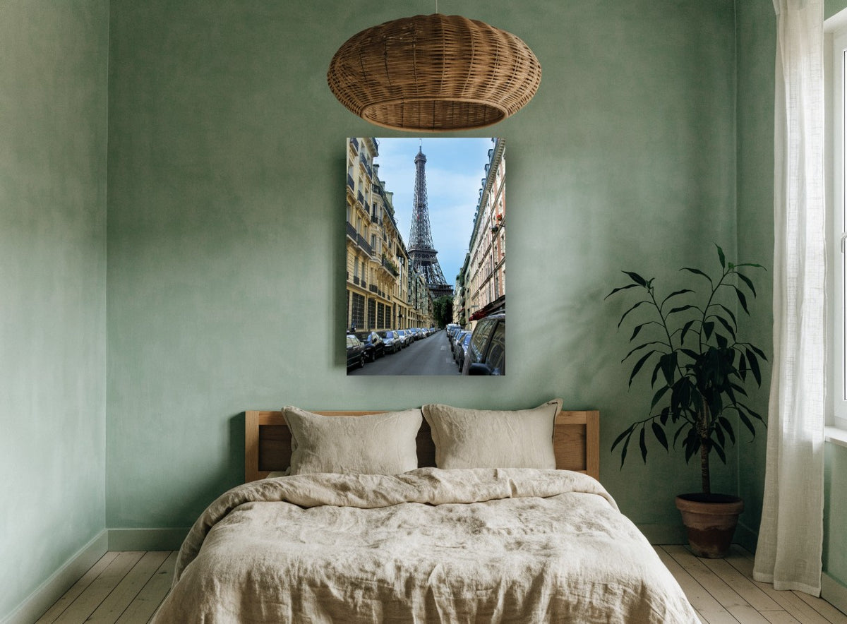 Eiffel Down the Rue city canvas print on the wall of a bedroom