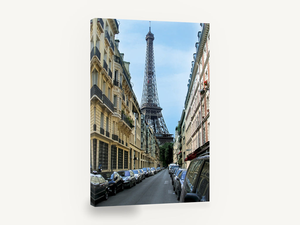 Eiffel Down the Rue, eiffel tower paris street photograph, city canvas wall art print ready to hang