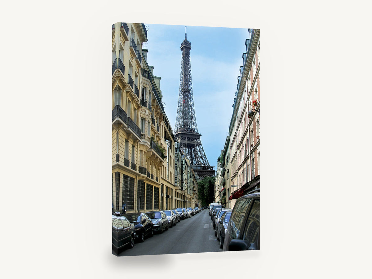 Eiffel Down the Rue, eiffel tower paris street photograph, city canvas wall art print ready to hang