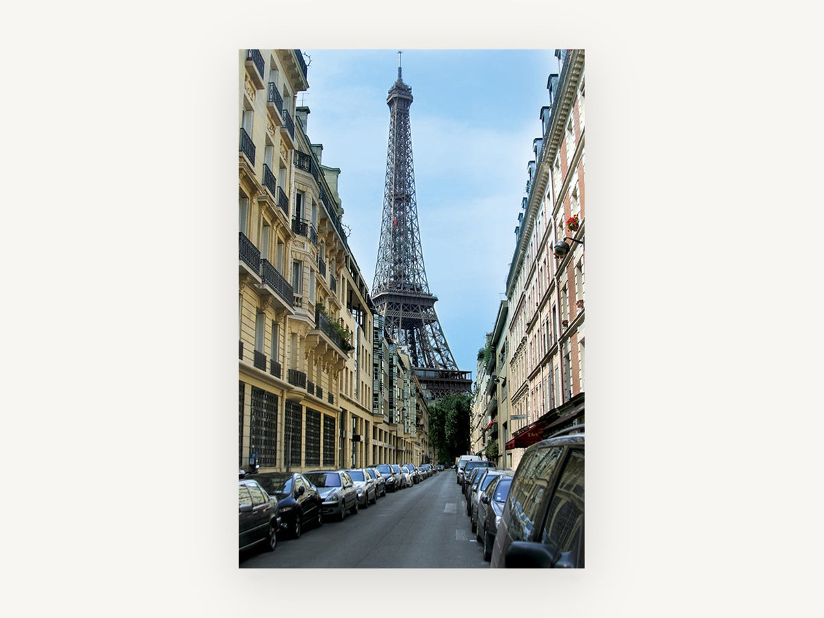 Eiffel Down the Rue, eiffel tower paris street photograph, city canvas wall art print, front view