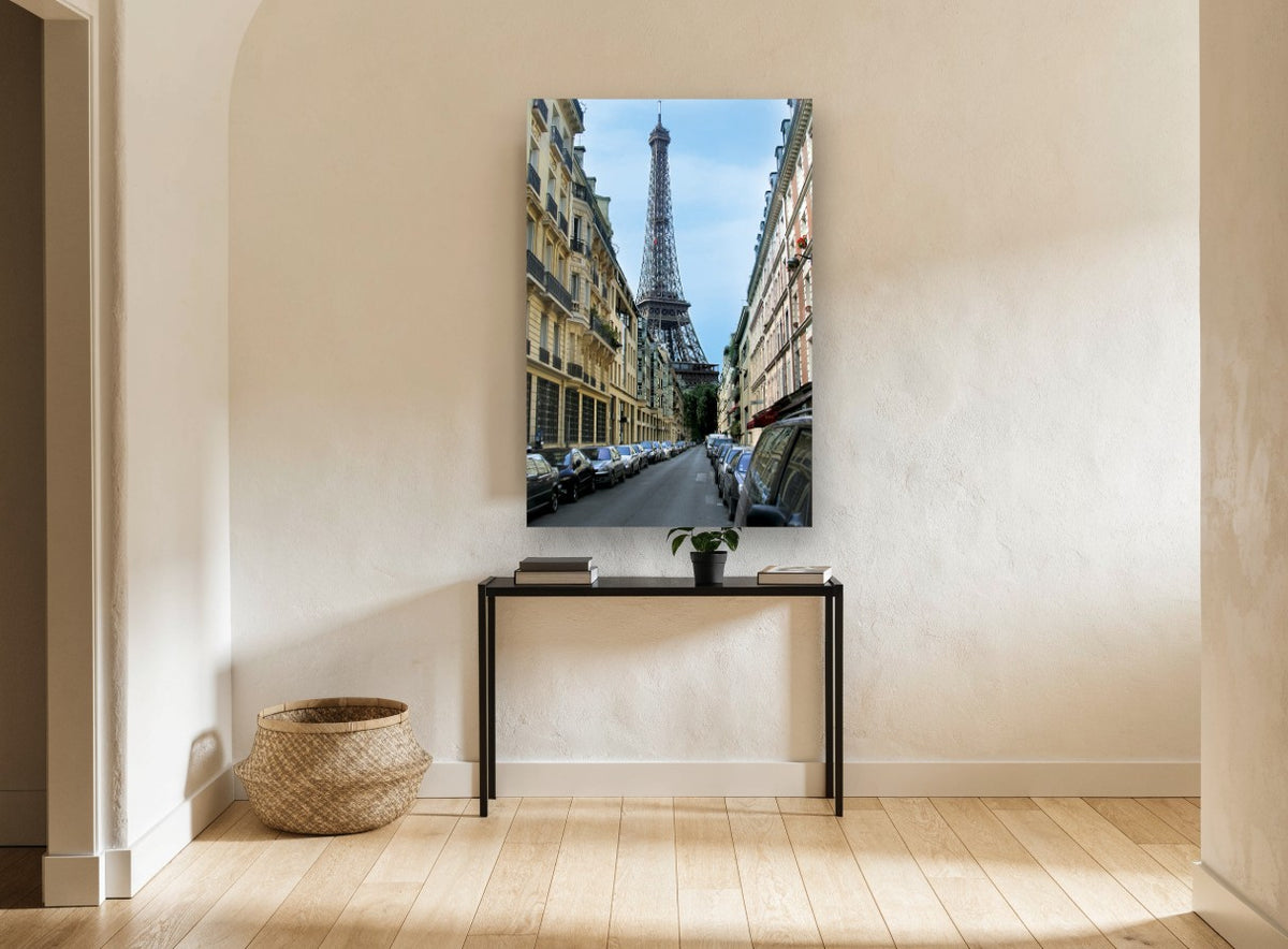Eiffel Down the Rue city canvas print on the wall of a hallway