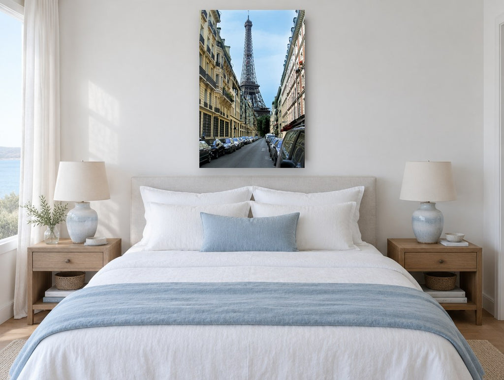 Eiffel Down the Rue city canvas print on the wall of a bedroom