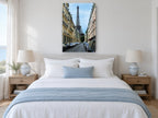 Eiffel Down the Rue city canvas print on the wall of a bedroom