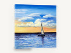 Sailing Into Amber Dusk, sailboat at sunset seascape art, coastal canvas wall art print ready to hang