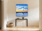 Sailing Into Amber Dusk coastal canvas print on the wall of a hallway