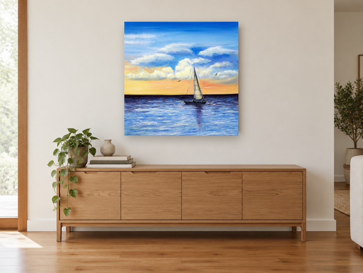 Sailing Into Amber Dusk coastal canvas print on the wall of a living room above a sideboard