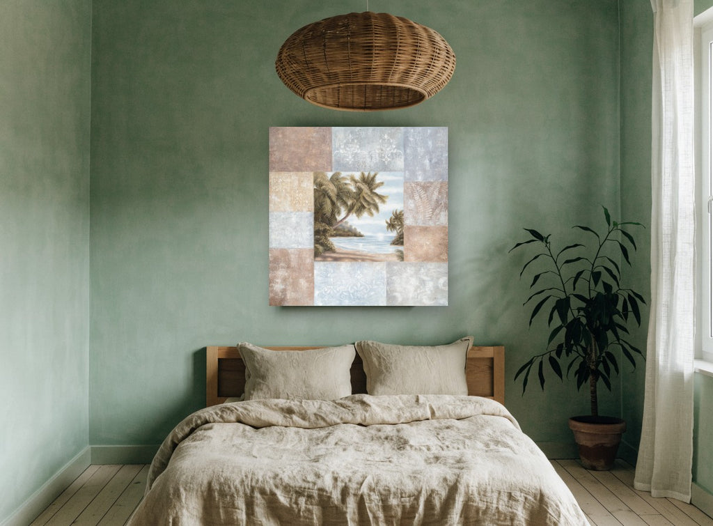 Palm Cove Patchwork coastal canvas print on the wall of a bedroom