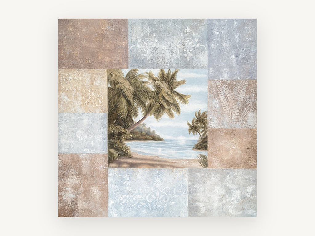 Palm Cove Patchwork, coastal canvas wall art print, front view
