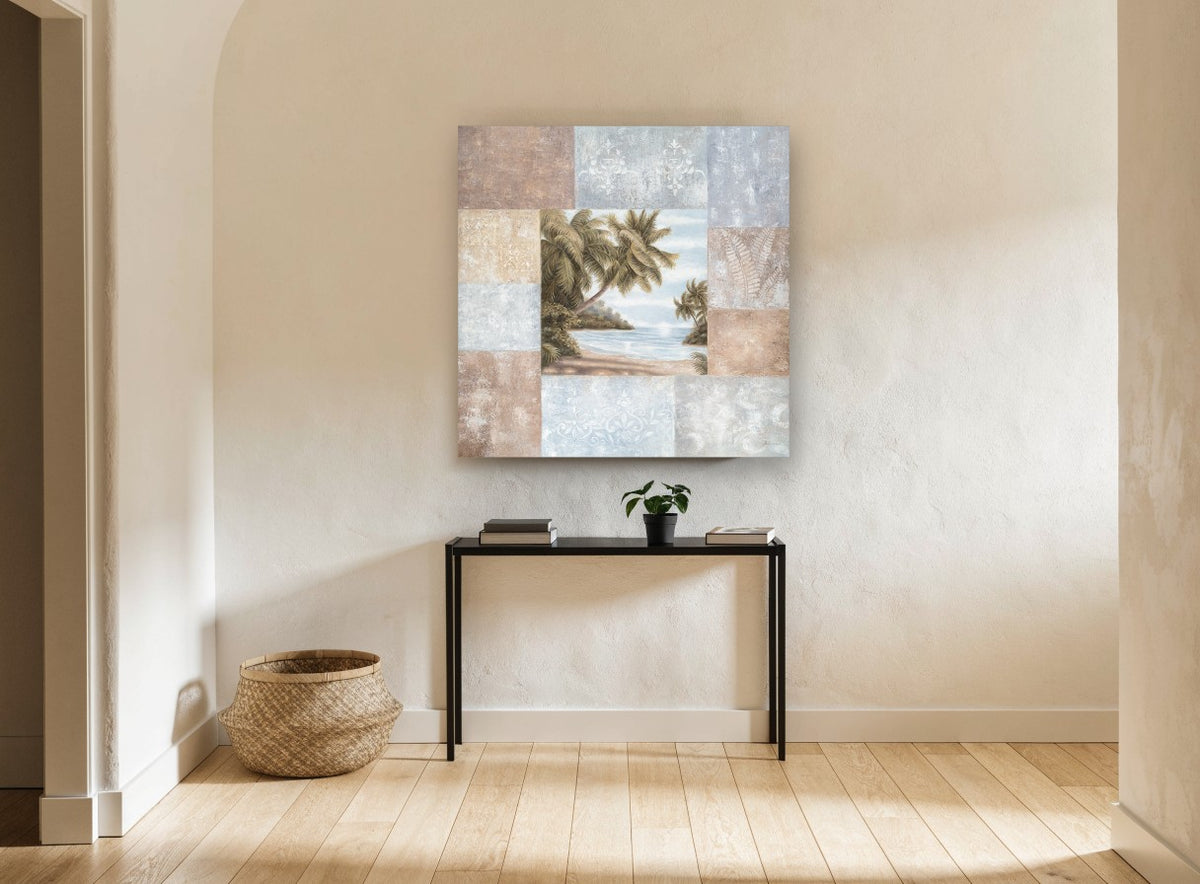 Palm Cove Patchwork coastal canvas print on the wall of a hallway