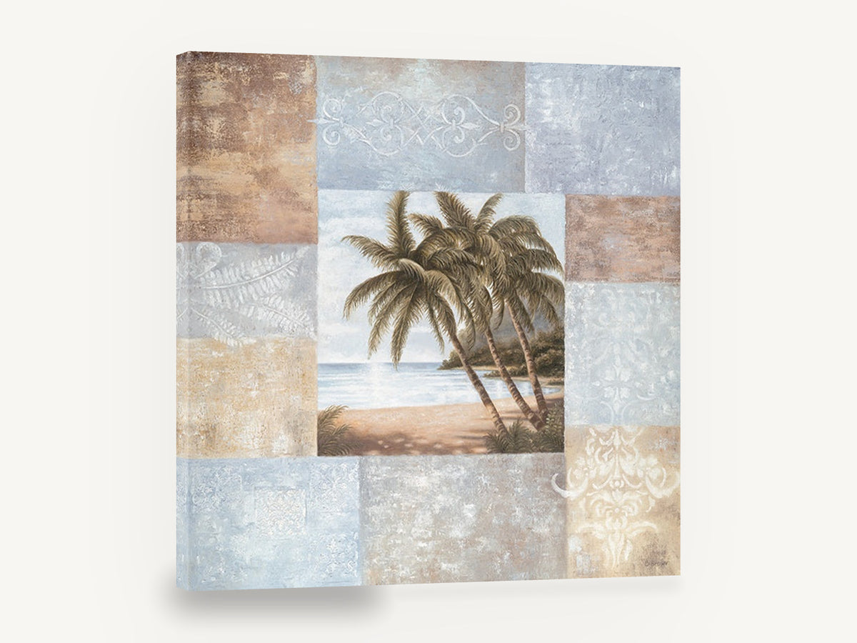 Palms and Patchwork Panels, tropical palm beach patchwork, coastal canvas wall art print ready to hang
