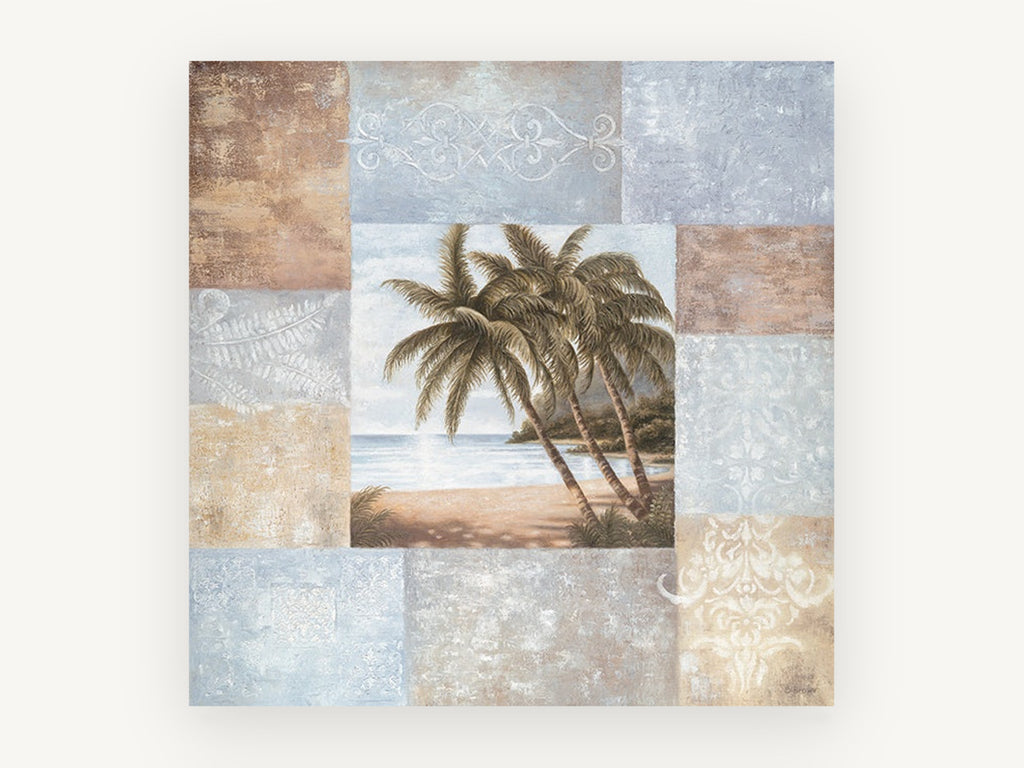 Palms and Patchwork Panels, coastal canvas wall art print, front view