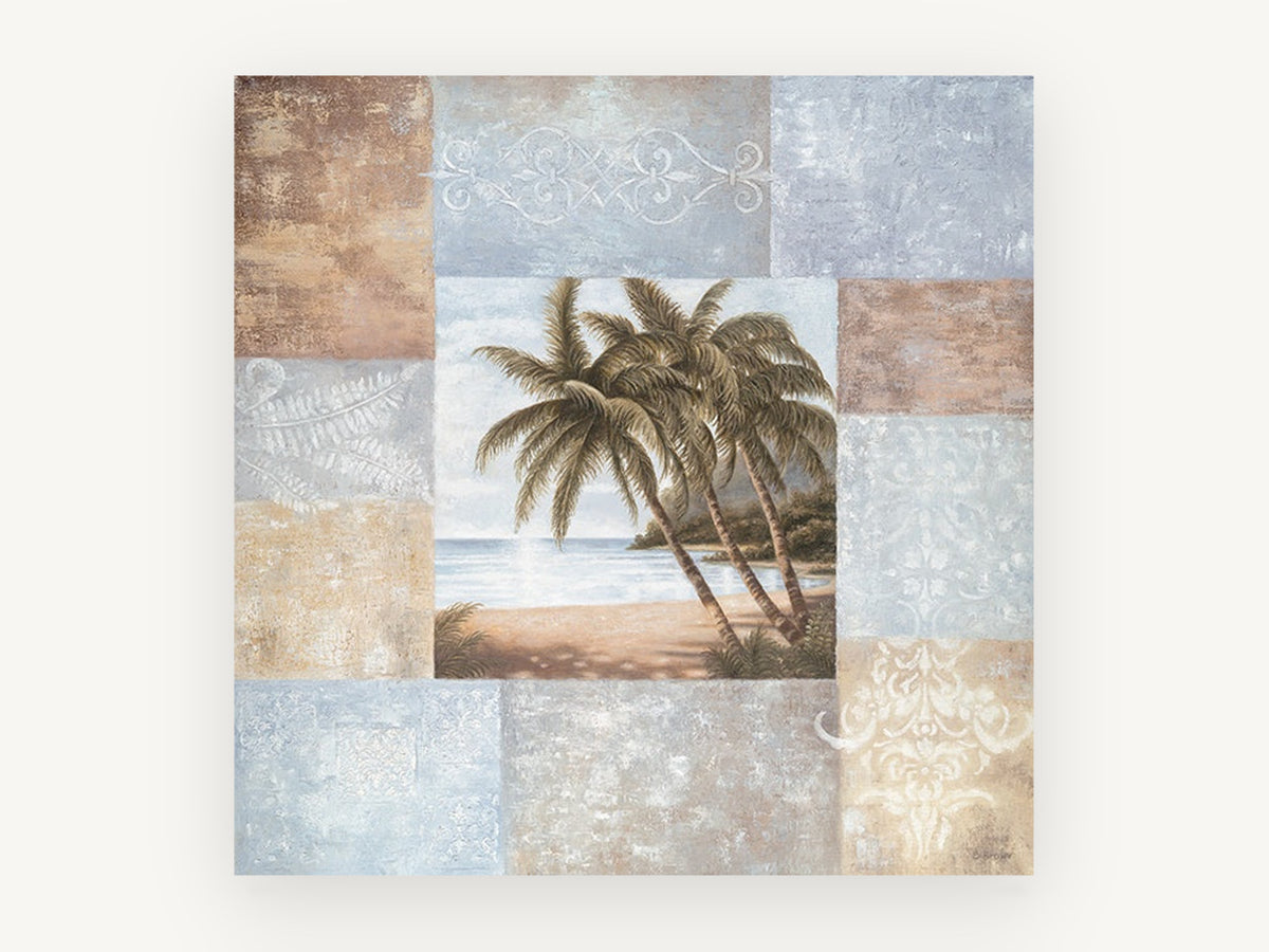 Palms and Patchwork Panels, coastal canvas wall art print, front view