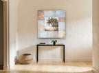 Palms and Patchwork Panels coastal canvas print on the wall of a hallway