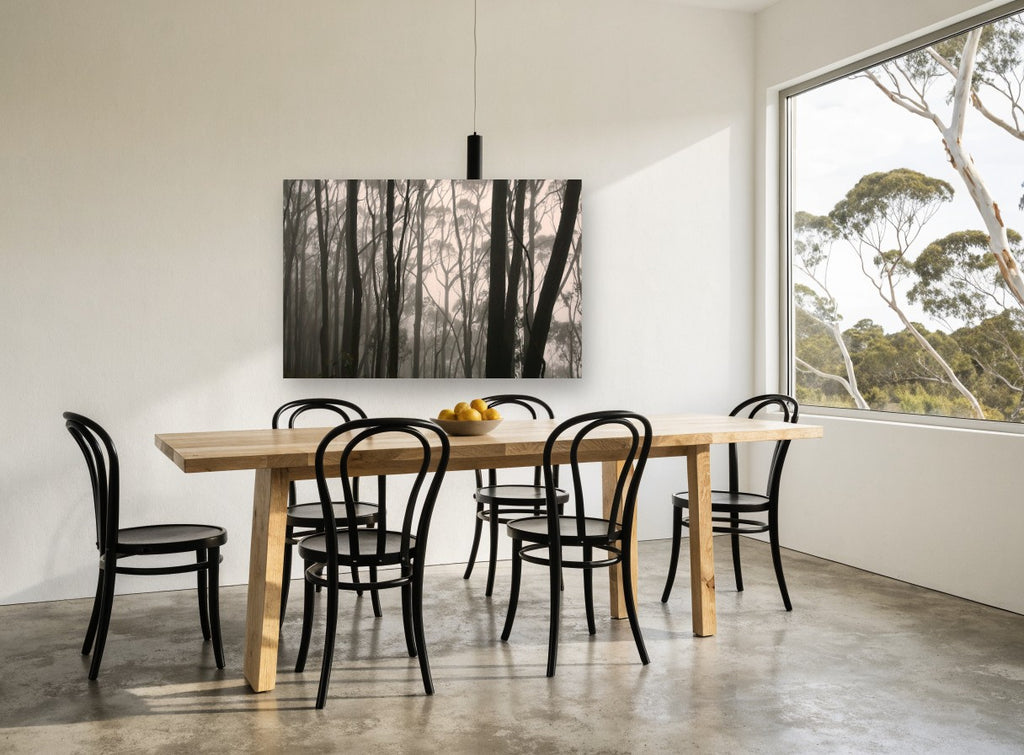 Gum Trunks in Fog landscape canvas print on the wall of a dining room